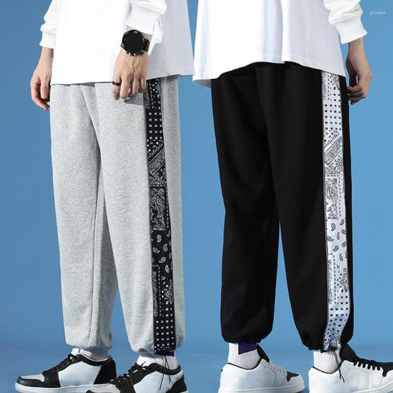 

Men's Pants Autumn Winter Men Cashew Print Patchwork Relaxed Fit Ankle Tied Sweatpants Trousers For Male Clothing Streetwear, Black