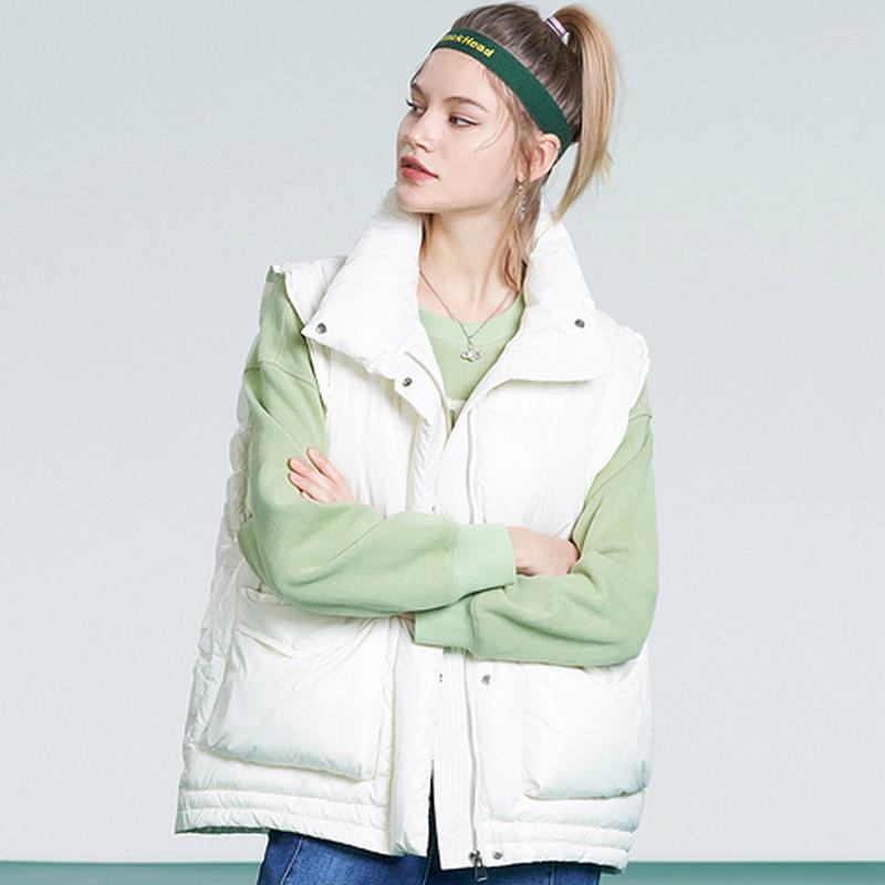 

Women' Vests 2022 Autumn Winter Women White Duck Down Coats Female Stand Loose Sleeveless Vest Zipper Oversize Short Waistcoat Outerwear, Beige