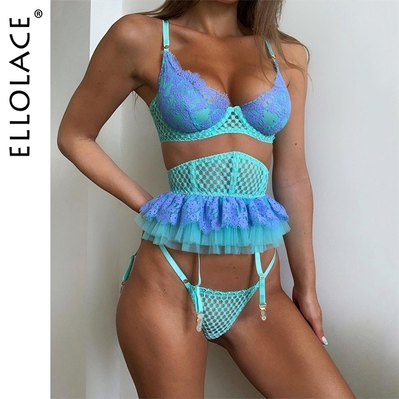 

Sexy Set Ellolace 3Piece Sets Luxury Kiss Lingerie Erotic Sexy Ruffle Delicate Underwear Lace Patchwork Underwire Bra Garters Intimate, Red