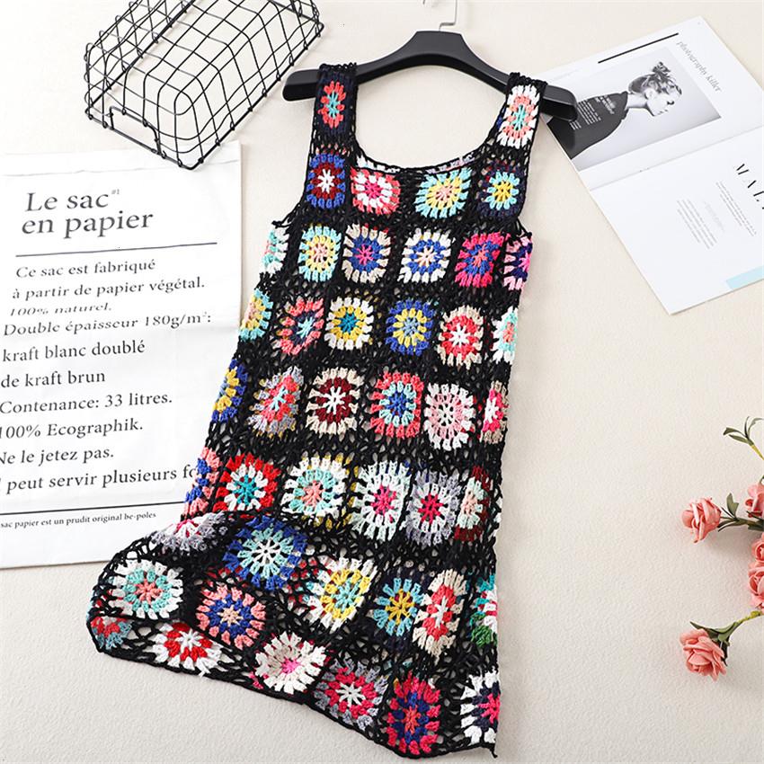 

Boho Vintage Beach Mini Dress Women Sleeveless Sundress Colorful Hollow Out, Black