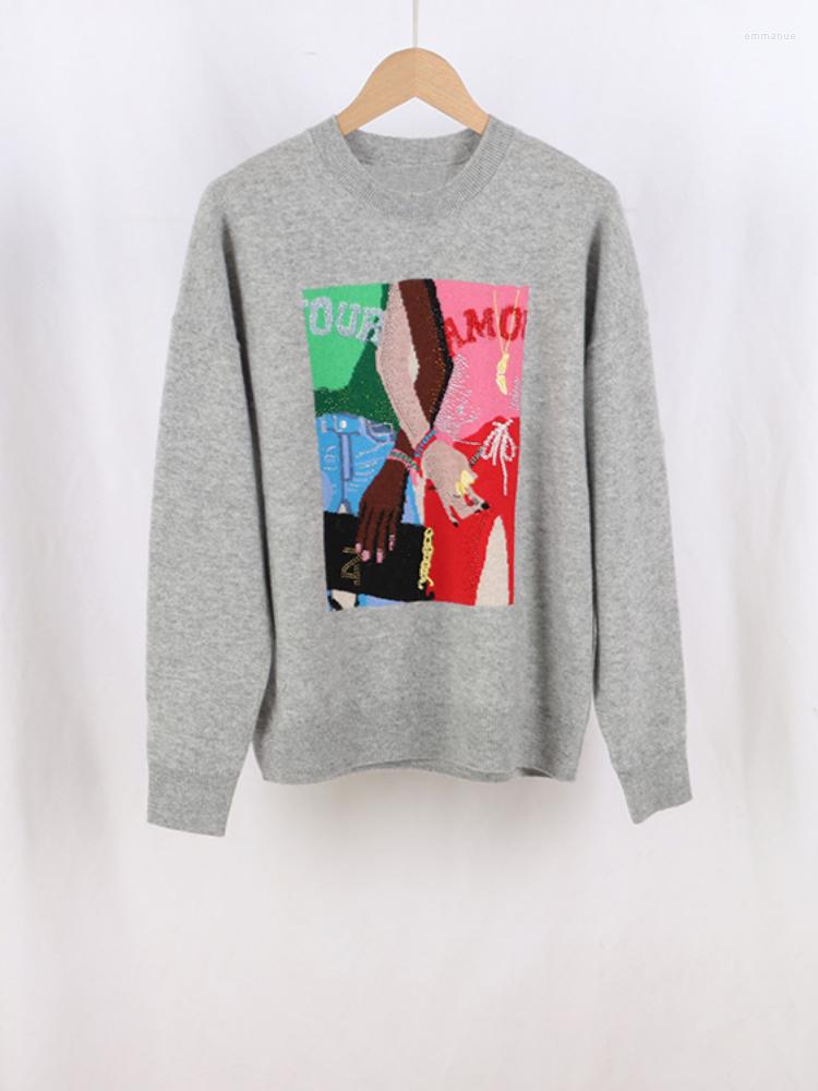 

Women' Sweaters Cashmere Pullover 2022 Autumn Pattern Print Rhinestone Decorated Women Sweater Top Long Sleeves, Navy blue
