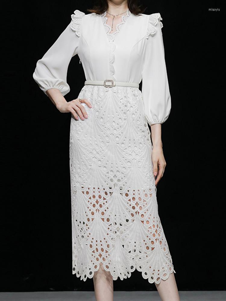 

Casual Dresses Fall/Winter Fashion Slim Bodycon Party Dress Elegant Puff Sleeves White Lace Ruffle Stitching Pencil 2022 Hollow Out