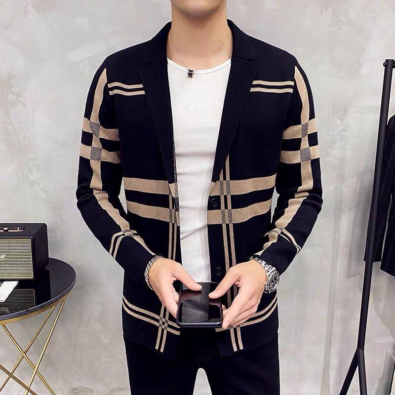 

Men's Sweaters Autum Fashion Knitted Men Cardigan Sweater 2022 Korean Casual Striped Coats Jacket Suit Collar Wool, Khaki