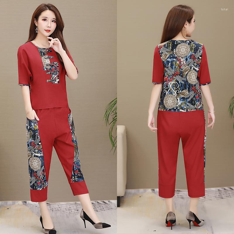 

Women's Tracksuits Summer 2 Piece Set Women Cotton Linen Print Two Pieces Plus Size Loose Short T-shirt Elastic Waist Wide Leg Pants, Navy blue suit