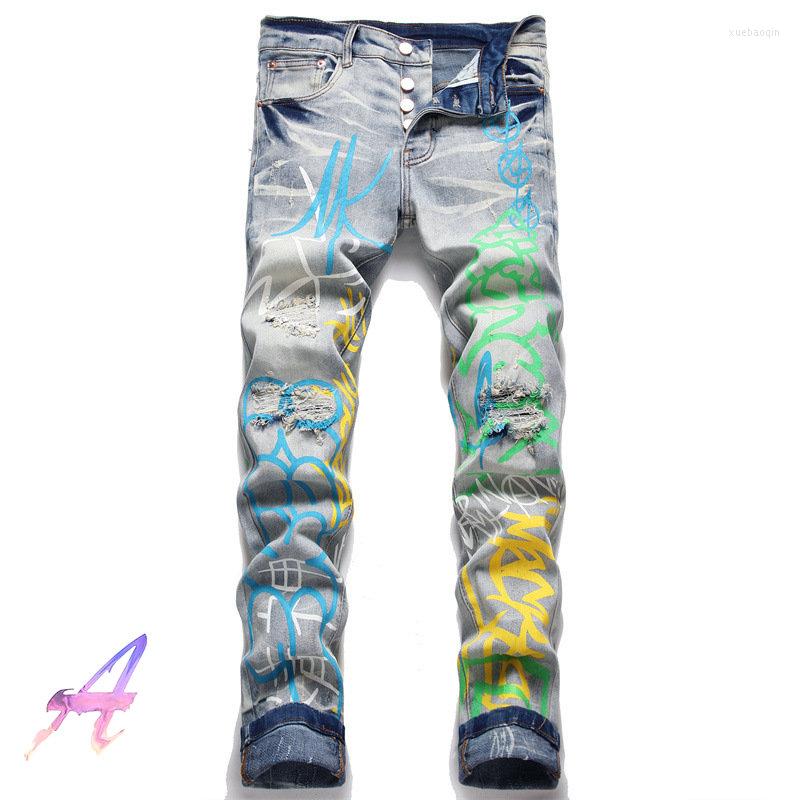 

Men's Jeans White Washed Elastic Shredded High Quality Men's Skinny Printed