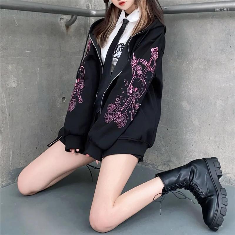 

Women's Jackets Harajuku Zip Up Hoodies Women Punk Goth Long Sleeve Printed Sweatshirt Autumn Streetwear Oversized Black Female Hoodie