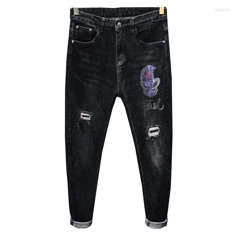 

Men's Jeans Trendy Men's Embroidery Super Cool Alien Drilling Trousers All-match Hole Korean Casual Simplicity Nine Points Pants, 329 black