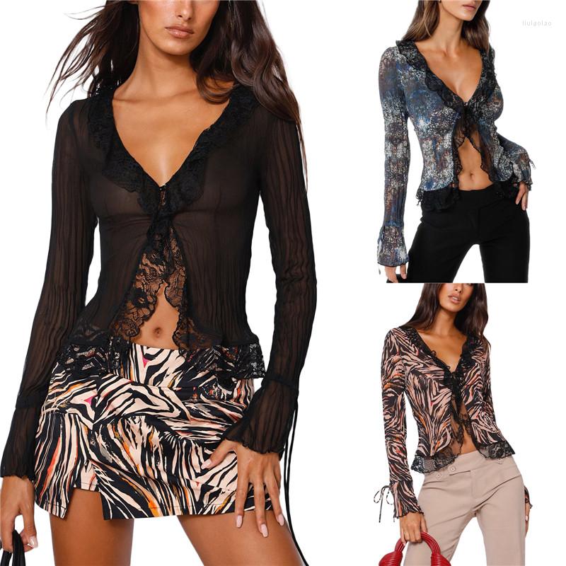 

Women's Blouses Women Casual Long Sleeve Blouse Solid Color/Printed V-Neck Lace Patchwork Split Tops Pullover Simple Style Tee Shirt For, Black