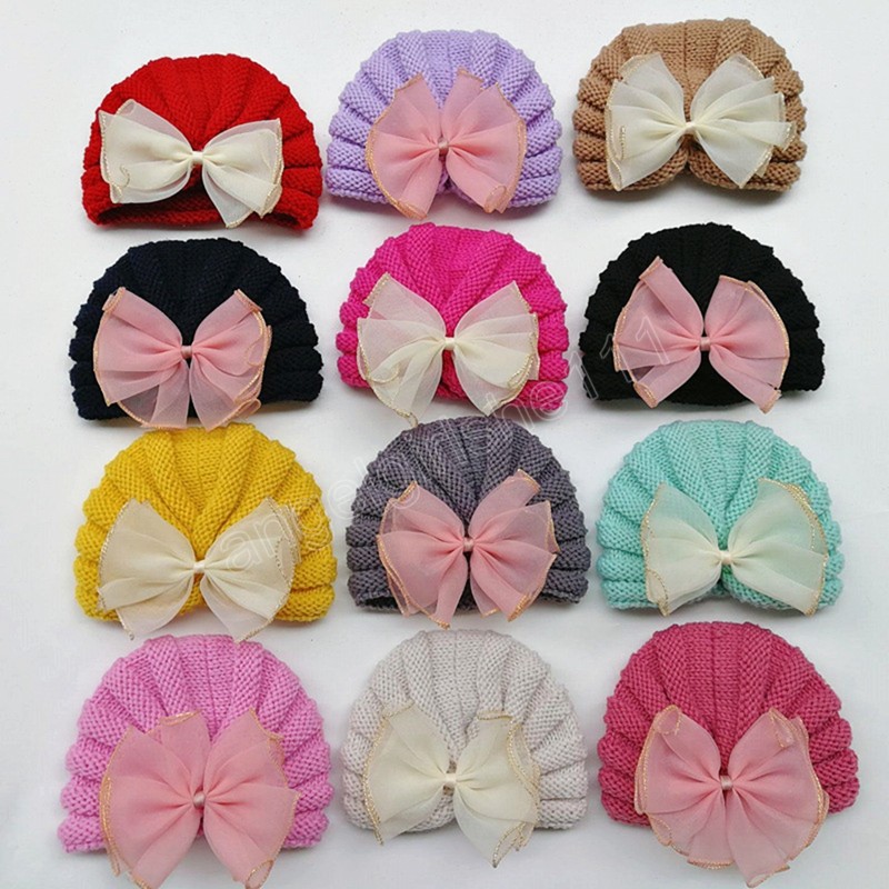 

Newborn Soft Comfortable Knitting Wool Caps Fashion Net Yarn Bowknot Infant Hat Bows Headwear Hair Accessories Kids Gift, Mixed color