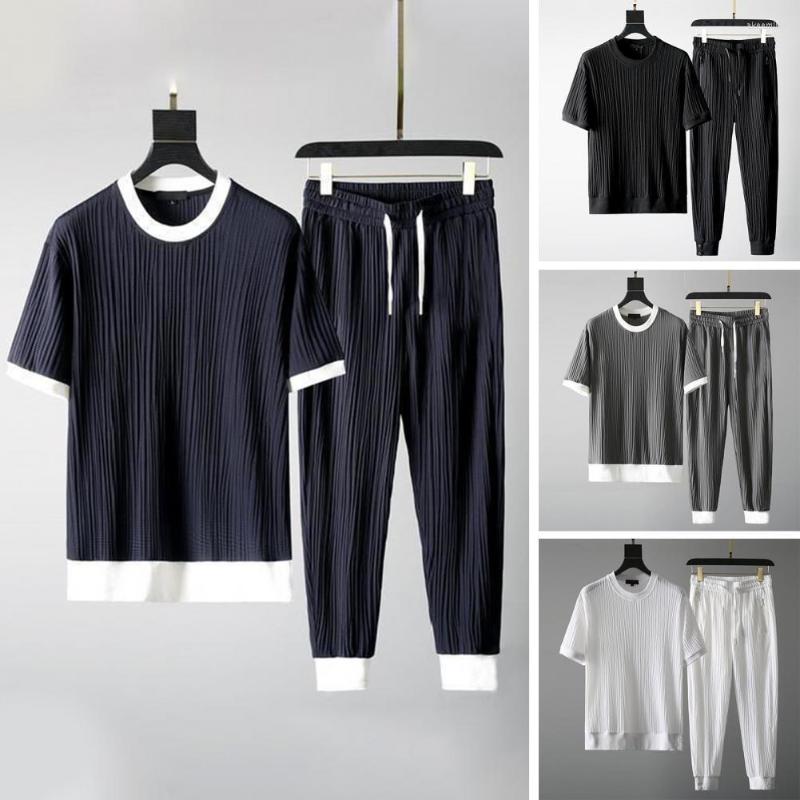 

Men's Tracksuits 1 Set Men Tracksuit Solid Color Pocket Stretchy Summer O Neck Short Sleeve T-shirts Drawstring Sportypants Outfit Ropa, Black