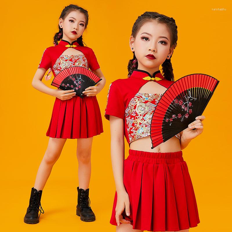 

Stage Wear Chinese Style Jazz Costume For Girls Summer Catwalk Concert Show Outfit Kids Hip Hop Clothing Festival Clothes DNV16206, Tops