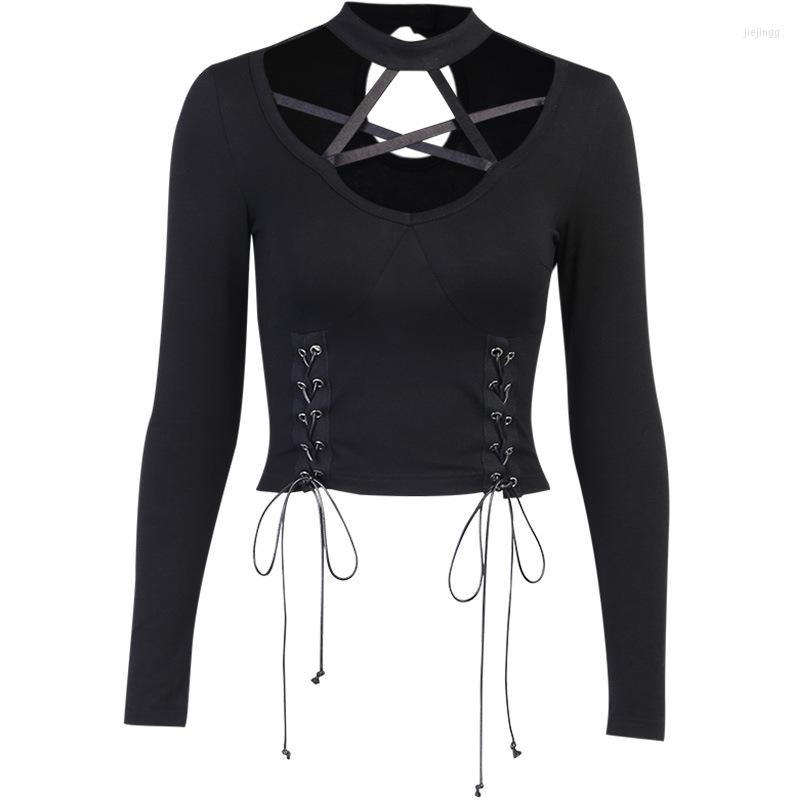 

Women' T Shirts Black High Street Lace-up Five-pointed Star Neck High-quality Fashion Top Autumn Drawstring Long-sleeved Slim Women, Pd113