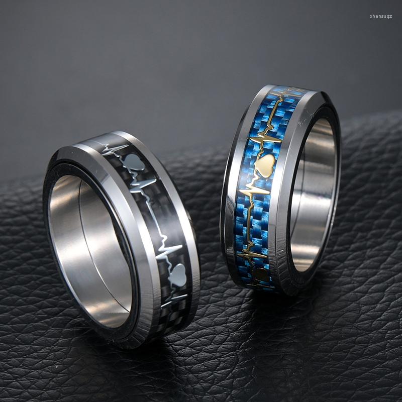 

Wedding Rings ECG Heart Beat Love For Men Women Blue Carbon Fiber Rotatable Spinner Ring Couple Titanium Steel Jewelry