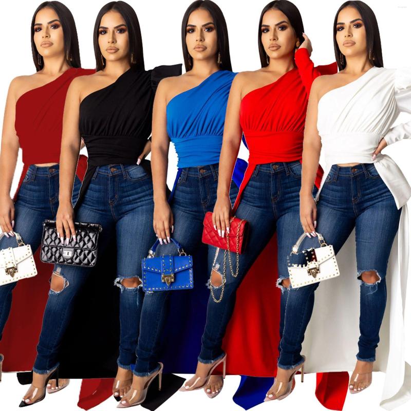 

Women' Blouses Party Dress Ladies One-shoulder Sleeves Waist Wrinkle Irregular Solid Color Blouse Design Sense One-piece Mopping Long Skirt