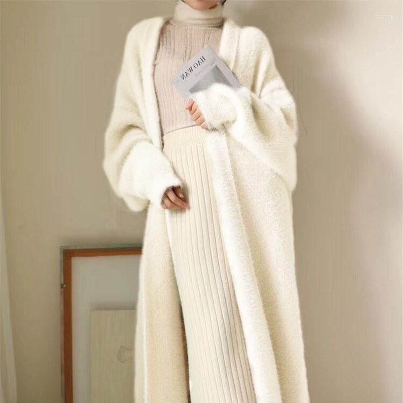 

Women's Sweaters Faux Mink Cashmere Cardigans Women Autumn Winter Thick Warm Knitted Casual Mid-Length Coat V-neck Loose Outwear N796, Green