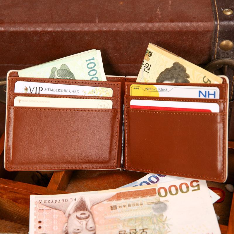 

Wallets Brand Solid Simple Mini Men's Leather Wallet Money Clip With Metal Clamp Slim Purse Card Slots Cash Holder For Man, Beige