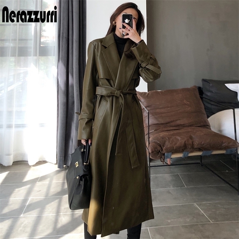 

Women's Leather Faux Nerazzurri Autumn long oversized leather trench coat for women sleeve sashes Loose faux coats fashion 221010, Green
