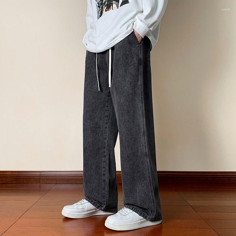 

Men's Jeans Drawstring Baggy Men Fashion Retro Casual Wide Leg Streetwear Hip Hop Loose Straight Denim Pants Mens Trousers, Grinding white blue