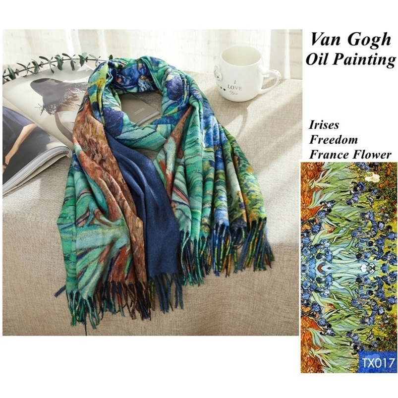 

Scarves Designer France Irises Print Cashmere Scarf Women Van Gogh Oil Painting Pashmina Shawl Winter Luxury Brand Stole Plus Size 200cm 221010