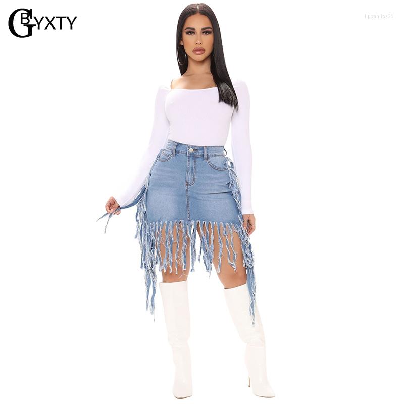 

Skirts GBYXTY Streetwear Ripped Tassel Skinny Denim Womens Fashion High Waist Distressed Fringed Short Bodycon Jean Skirt ZL1223, Light blue