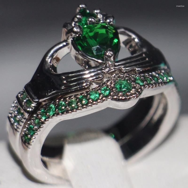 

Wedding Rings Size 5-11 Arrival Fashion Jewelry 10KT White Gold Filled Pear Cut 5A Green CZ Women Engagement Claddagh Couple Ring