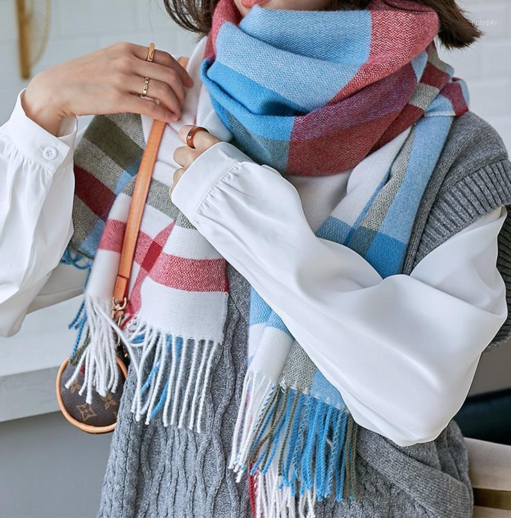 

Scarves Women's Scarf 2022 Autumn Winter Plaid Elegant Tassel Imitation Cashmere Muffler Sweet Shawl Mid-length Thick Warm