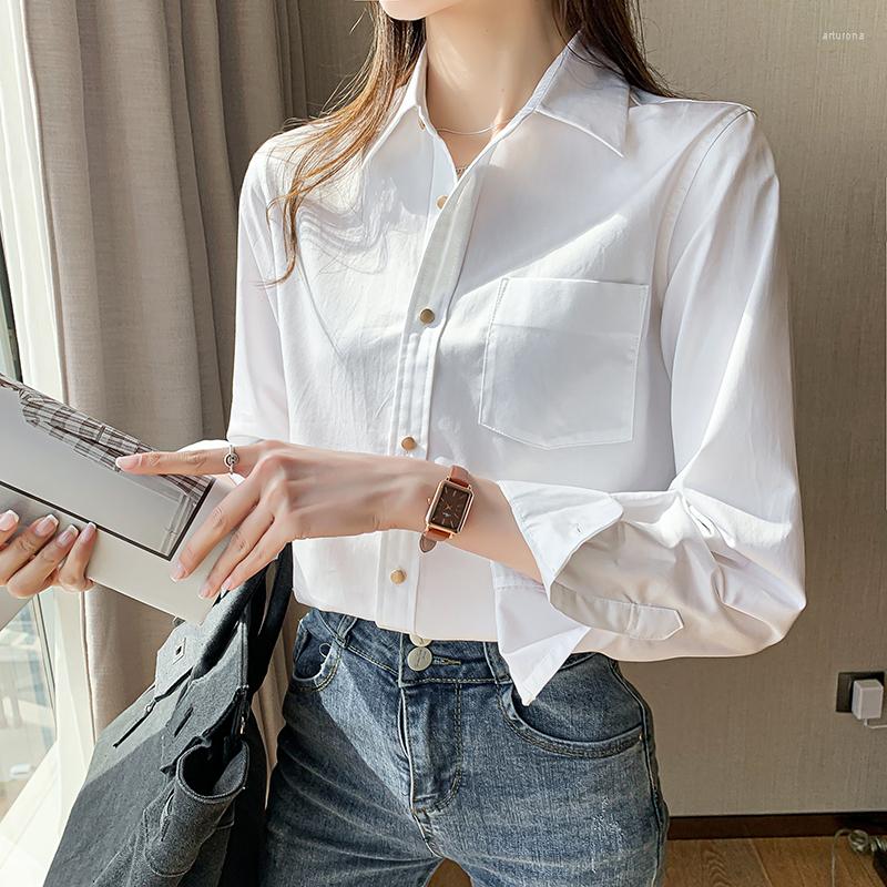 

Women' Blouses Chikichi 2022 Autumn And Winter Korean Fashion Solid Color Pocket Shirt Women Commuter Casual Long-sleeved Blouse, White