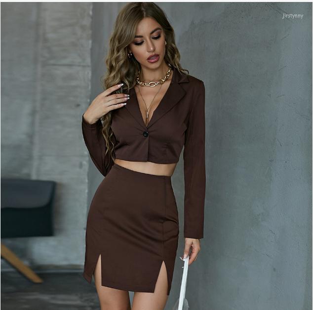 

Work Dresses Women 2 Piece Set Short Suit Jacket Crop Top Single Breasted Slit Pencil Skirt, Auburn