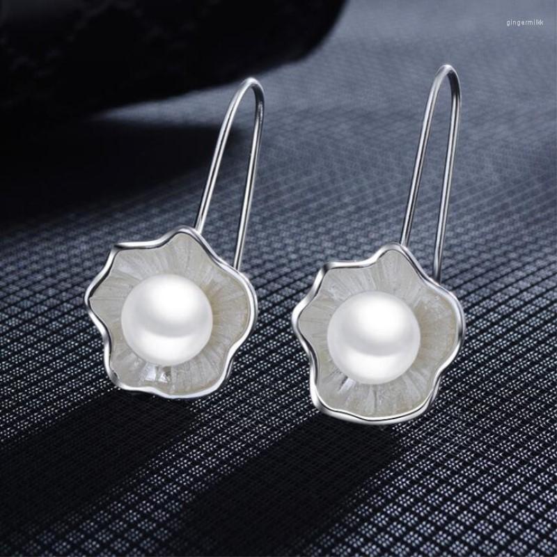 

Dangle Earrings Fashion Imitation Pearls For Women Temperament Creative Silver Color Lotus Flower Earring Female Daily Wear Jewelry2022