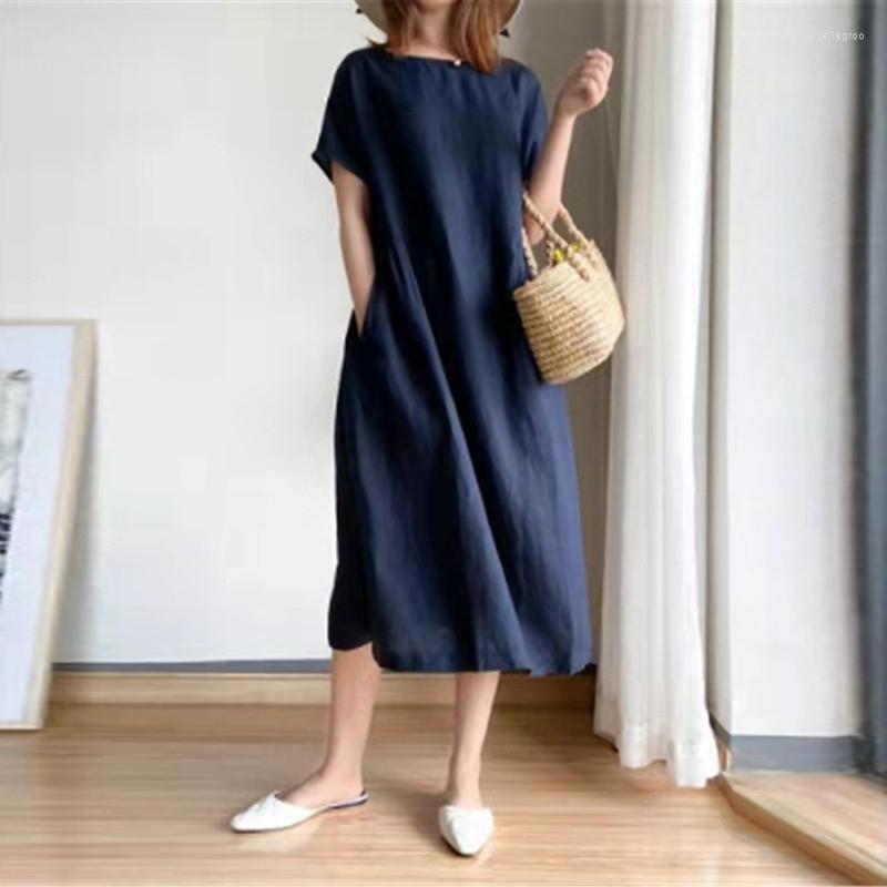 

Casual Dresses Women Cotton Linen Loose Dress Summer Fashion Simplicity Lady Solid Color O-Neck Short Sleeve Pockets Knee Length, Black
