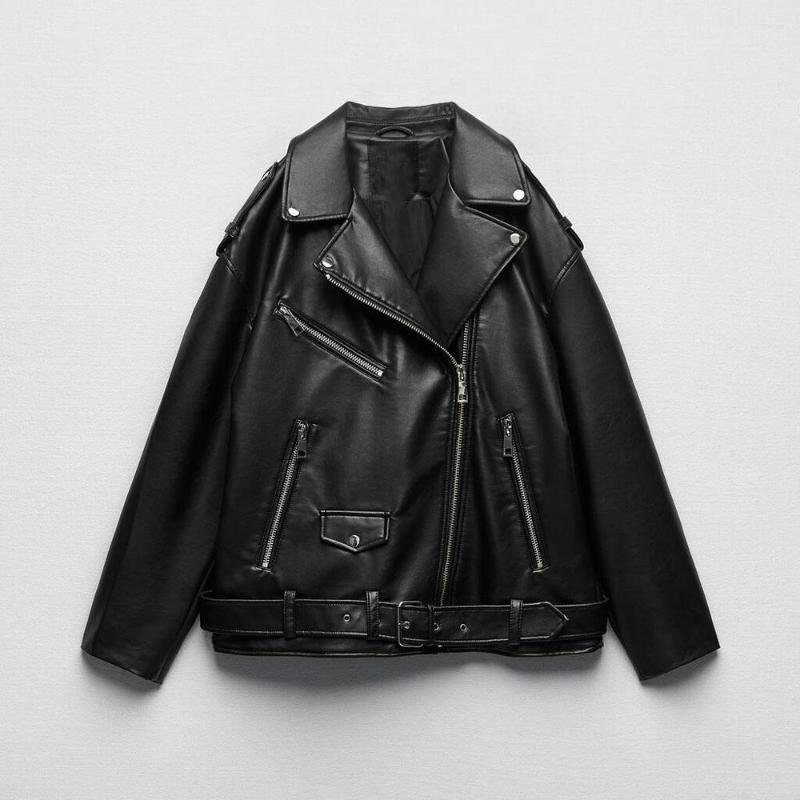 

Women's Leather Autumn And Winter Fashion Women's Handsome Versatile Black Lapel Hem With Belt Imitation Loose Jacket