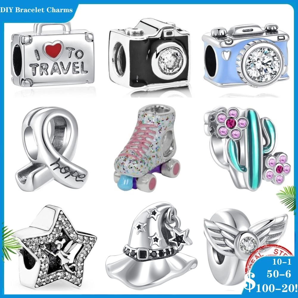 

925 Sterling Silver Dangle Charm Women Beads High Quality Jewelry Gift Wholesale Camera Skates Rose Star Package Bead Fit Pandora Bracelet DIY
