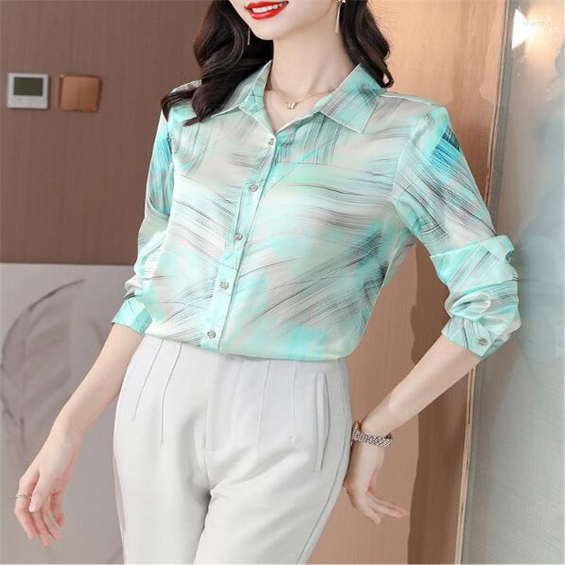 

Women's Blouses Basic Blouse Women's Shirts Fashion Long Sleeve Sweet Printed Female Blusas Silk Polo Neck Button Up OL Tops Offce, Beige