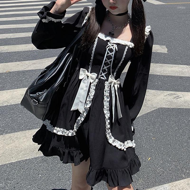 

Casual Dresses Kawaii Lolita Milk Maid Dress Women Japanese Gothic Ruffle Bandage Staple Japan Style Cute Long Sleeve Outfit, Black