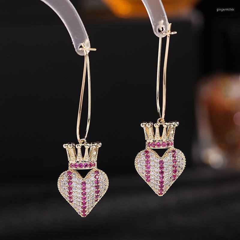 

Dangle Earrings Korea Fashion Jewelry Luxury Crown For Women Micro Pave Cubic Zirconia Long Heart Dangler Brand Earring