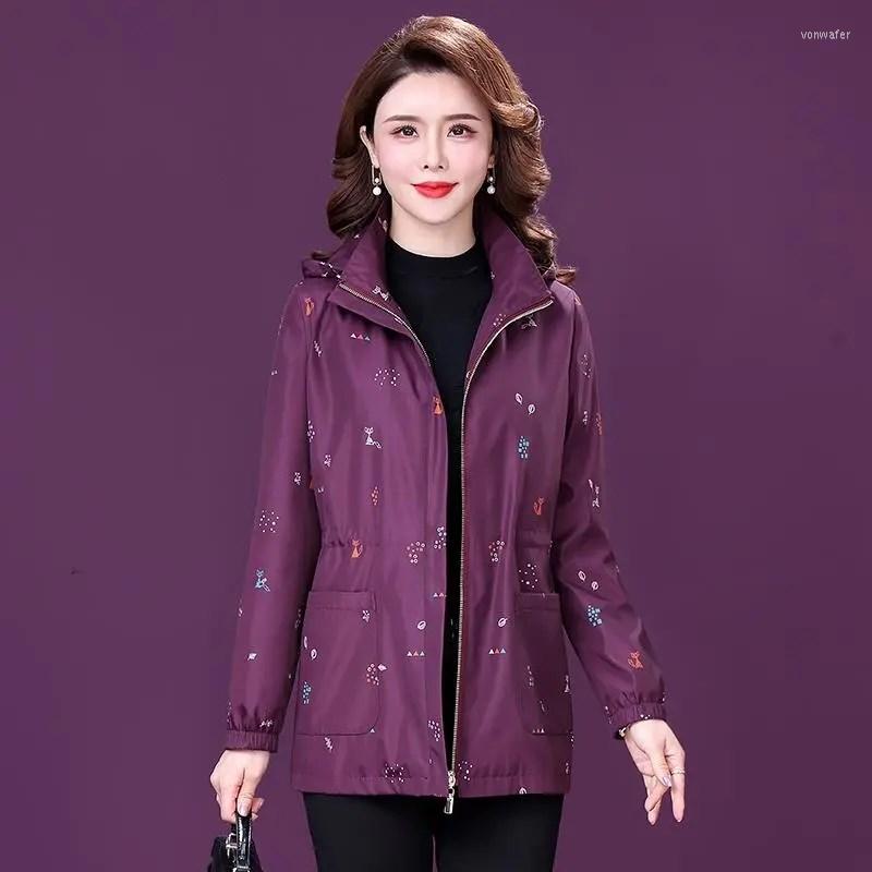 

Women's Trench Coats 2022 Spring Summer Jackets Women Printing Hooded Collar Mom Clothes Zipper Pocket Slim Female Outwear Top, Purple