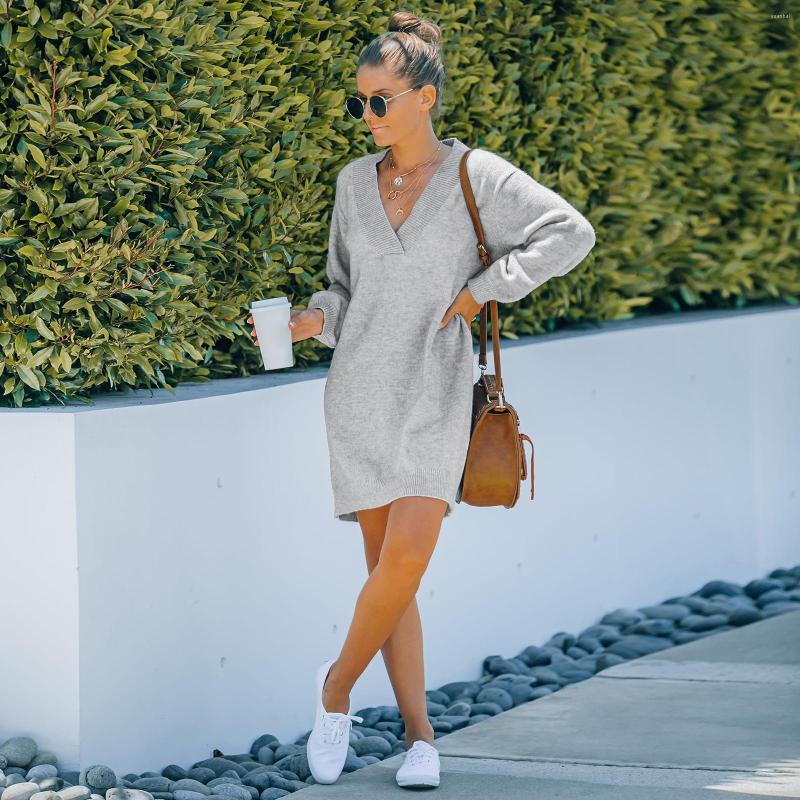 

Casual Dresses 2022 Sweater Mini Dress Ribbed V-neck Long Sleeve Spring Winter Short Slim Fit Ladies Knitted Fashion Vestidos