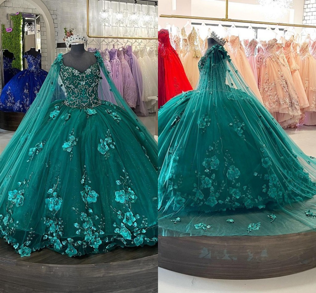 

2023 Floral 3D Lace Flowers Pearls Quinceanera Dresses Emerald Green With Cap Beaded Applique Off Shoulder Princess Ball Gowns Puffy Prom Pageant, Blue