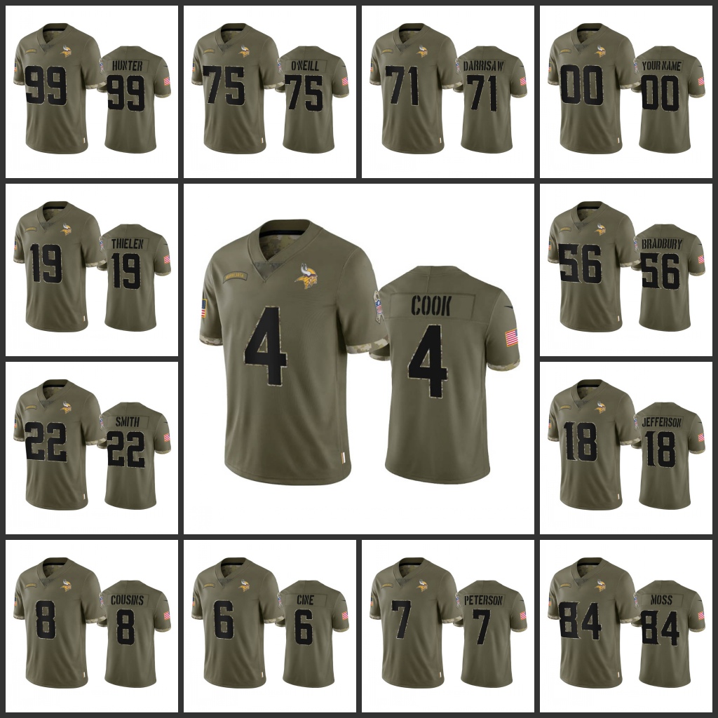

Jerseys Minnesota''Vikings''Men #4 Dalvin Cook 18 Justin Jefferson 19 Adam Thielen Custom Women Youth''NFL Olive 2022 Salute To Service Jersey