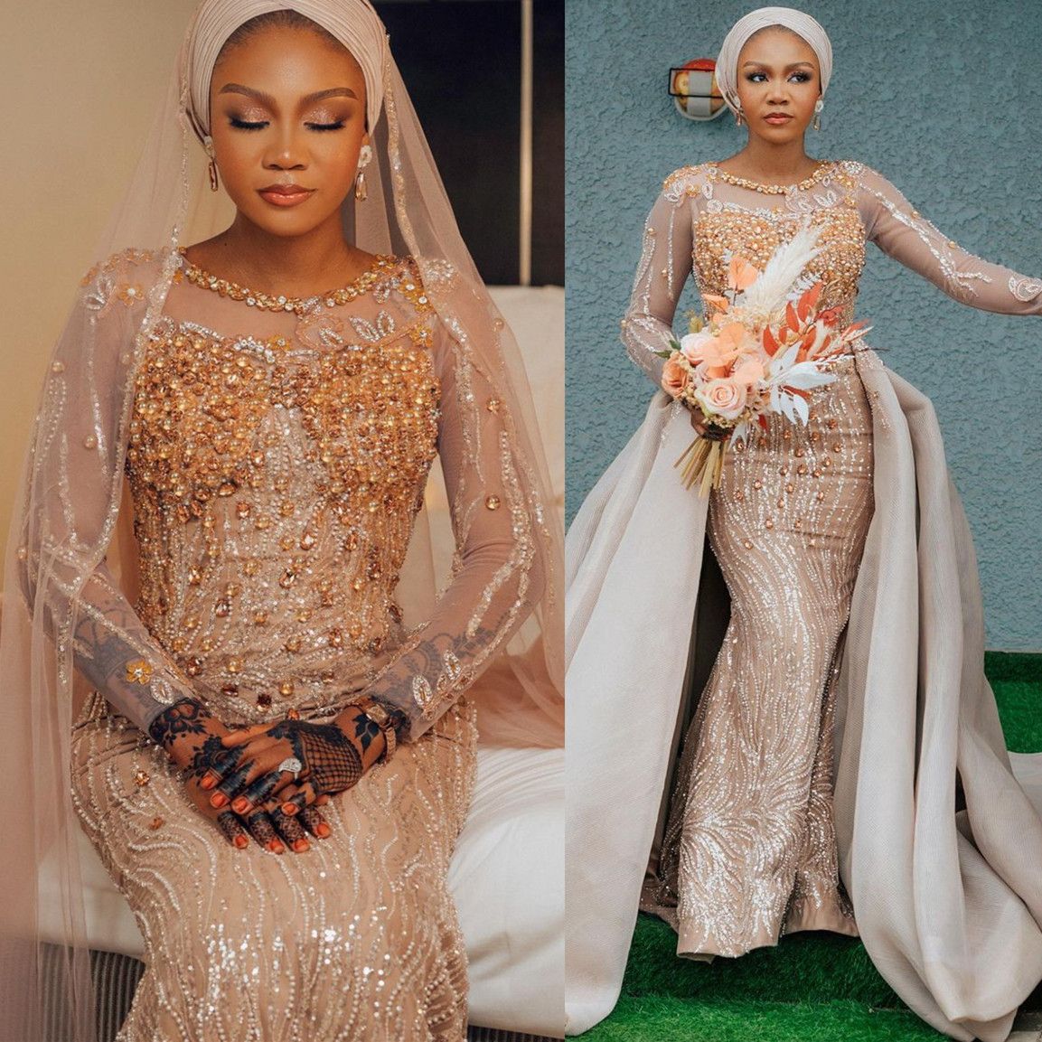 

2023 Champagne Mermaid Prom Dresses Overskirt Sparkly Sequins Long Sleeves Custom Made Beaded Scoop Neck Evening Gown Formal Occasion Wear Vestidos Plus Size, Light sky blue