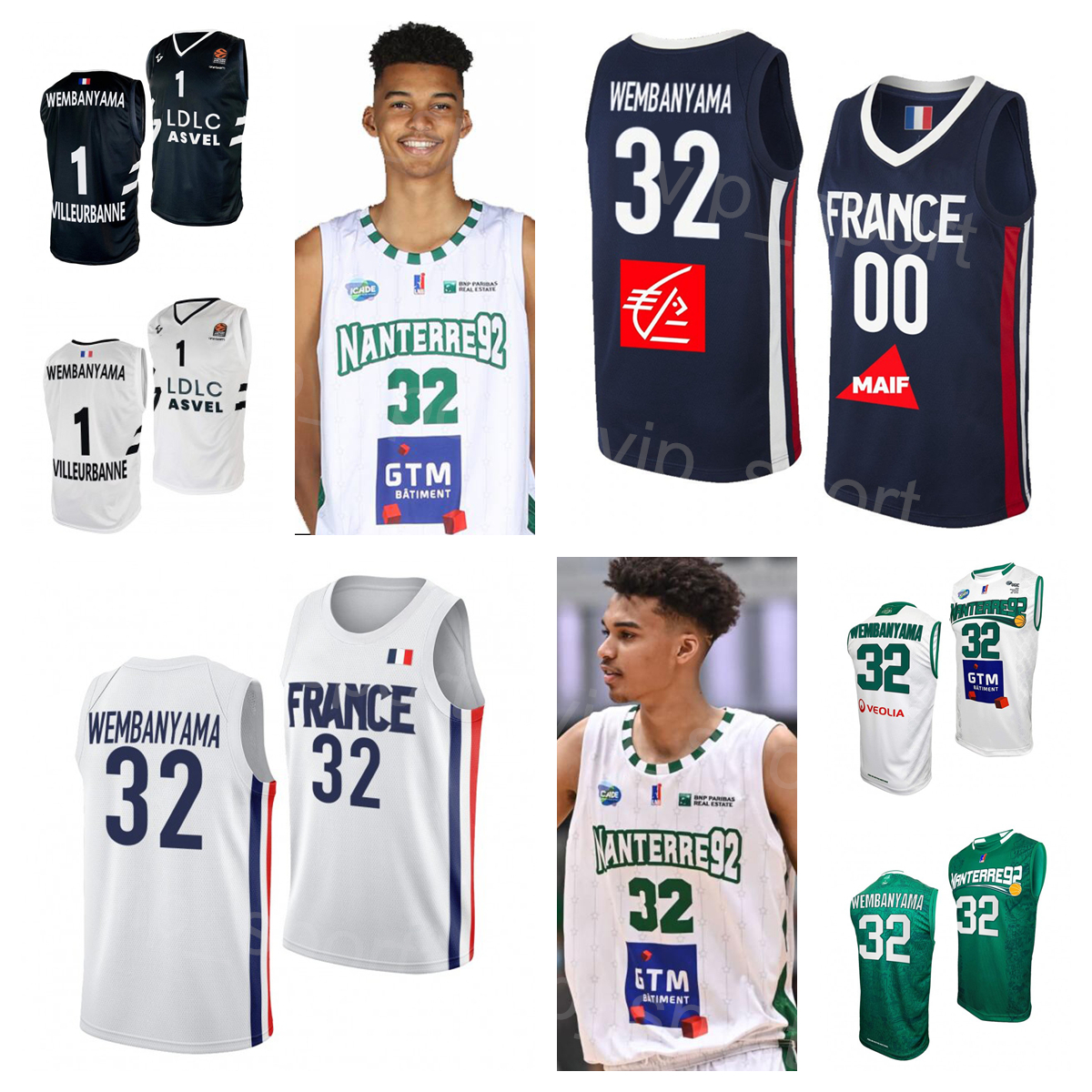 

Basketball Jerseys Screen Print Team Maillot Basketball Nanterre 92 Jersey 32 Victor Wembanyama France U19 National For Sport Fans Breathable Navy Blue White, Black