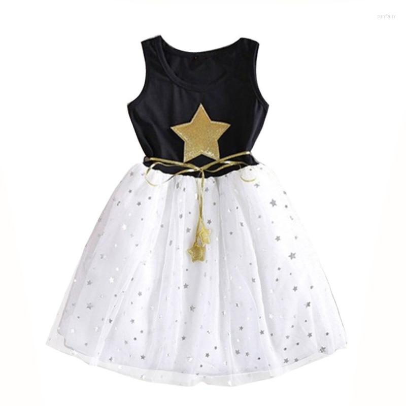 

Girl Dresses Fashion Europe Summer Girls Dress Star Sleeveless Net Yarn Princess Clothes Belt Vestidos Children Clothing, Black