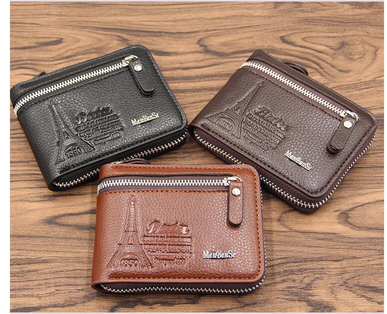 

100pcs Wallets Men Retro PU The Tower Prints Two Foldable Square Business Short Credit Card Holder, Light coffee
