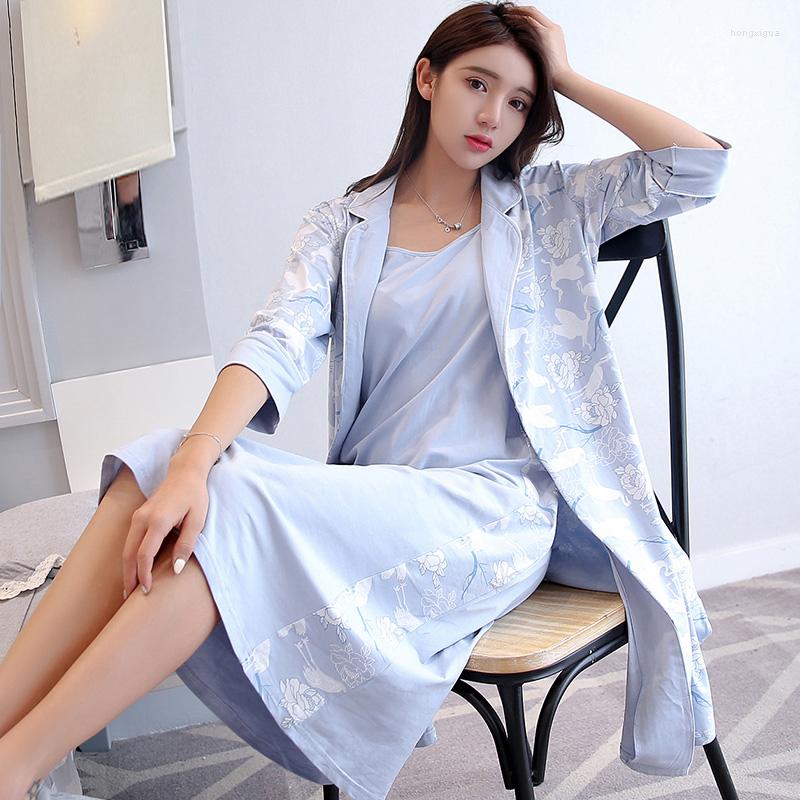 

Women's Sleepwear Pure Cotton Robe Nightgown Set For Women Print 2 Pieces Suit Nightrobe Nightdress Homewear Nightwear Peignoir Femme, Color 1