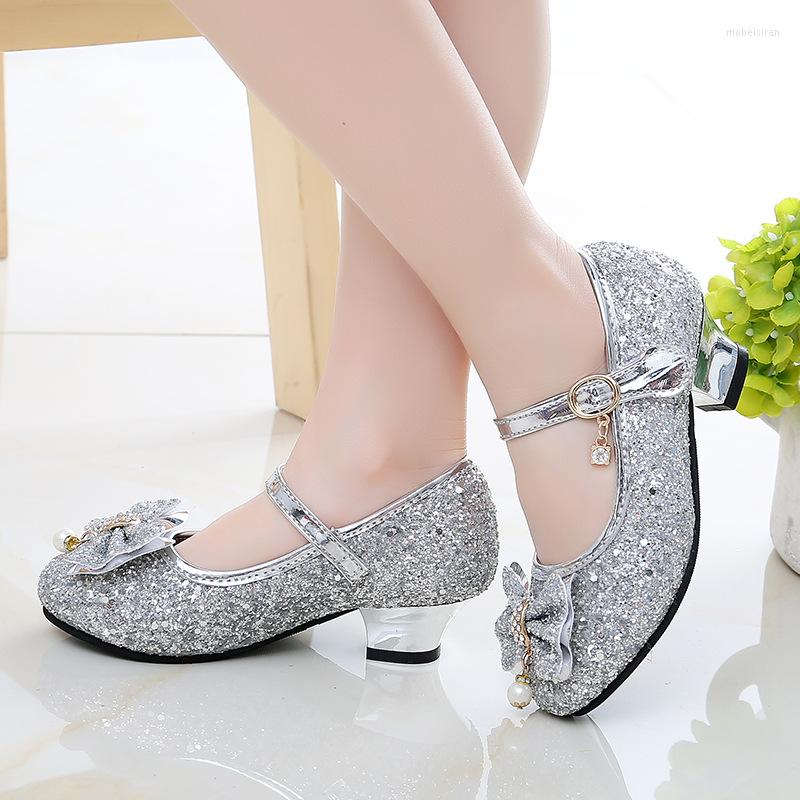 

Flat Shoes Brand Girls High-heeled Princess Children's Leather Fashion Bling Sequins Kids Girl Wedding Party, Pink