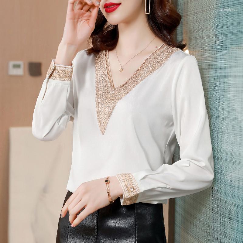 

Women' Blouses 2022 Fashion Silk Ladies Clothing Long Sleeve Satin Women And Tops V NeckCasual Casual Shirts Blusas 15865, Black