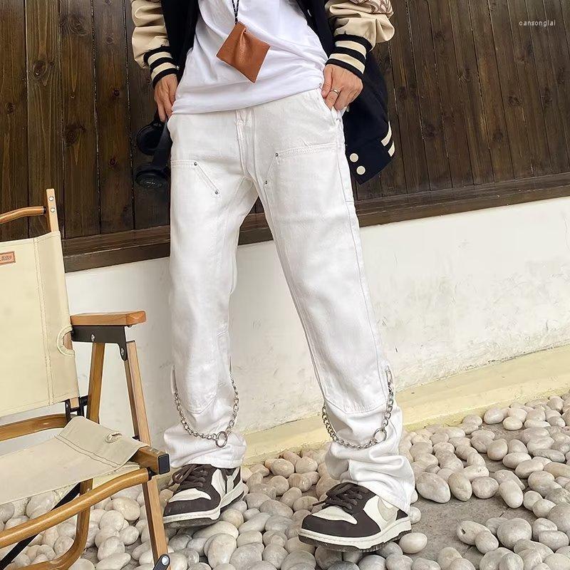 

Men' Jeans 2022 Cool Design Chain White Straight Men Cargo Pants Y2K Clothes Hip Hop Streetwear Baggy Denim Trousers Pantalon Homme