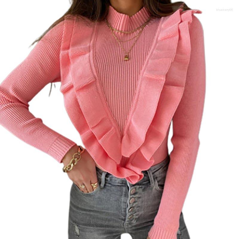 

Women' Sweaters 2022 Mock Neck Ruffles Women' Knitted Sweater Long Sleeve Solid Pink Slim Elegant Office Lady Pullover Spring Fashion, Black