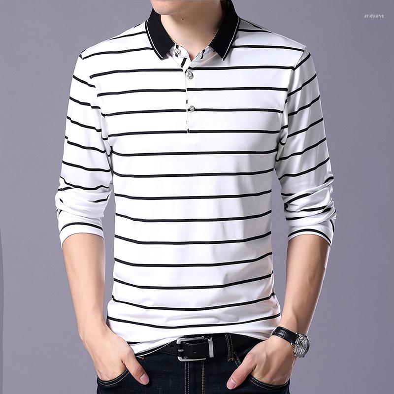 

Men's Polos Striped Polo Shirt Men 2022 Spring 95% Cotton Male Long Sleeve Casual Mens Turn Down Collar 3XL, White