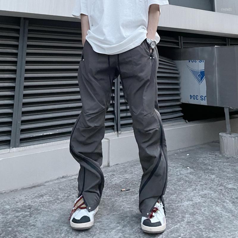 

Men's Pants Men's High Street Splicing Multi Zipper Side Long Casual Elastic Wait Hip Hop Wide Straight Trousers, Black
